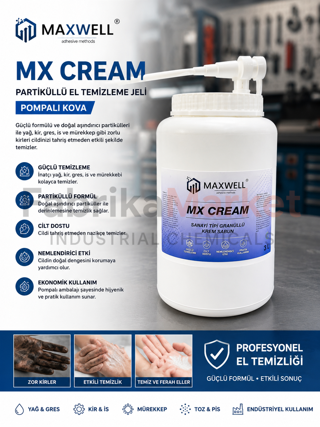 MAXWELL MX CREAM Partiküllü El Temizleme Kremi Pompalı 3 L